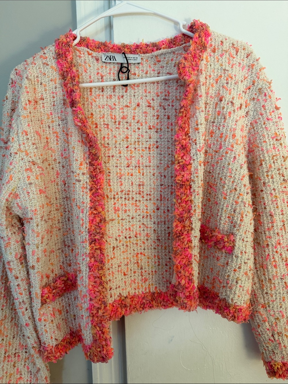 Zara Cream Bouclé Cardigan with Pink and Orange Trim